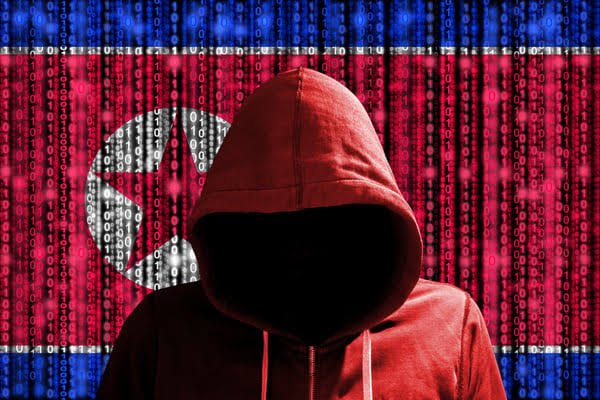 A hooded figure against the flag and falling code